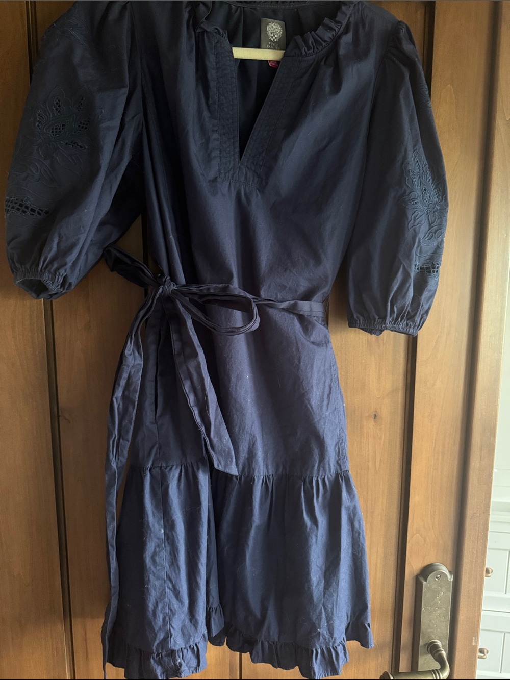Vince Camuto Navy Embroidered Puff-Sleeve Tie-Waist Mini Dress
